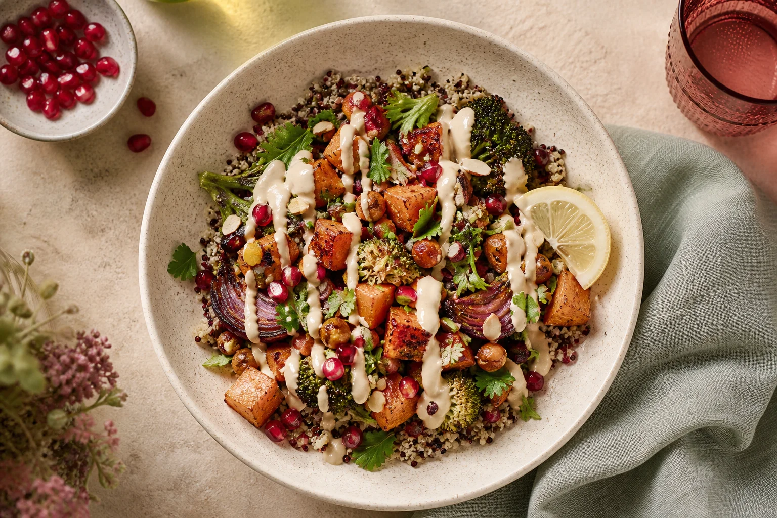 Colourful plate of vegetables and whole grains