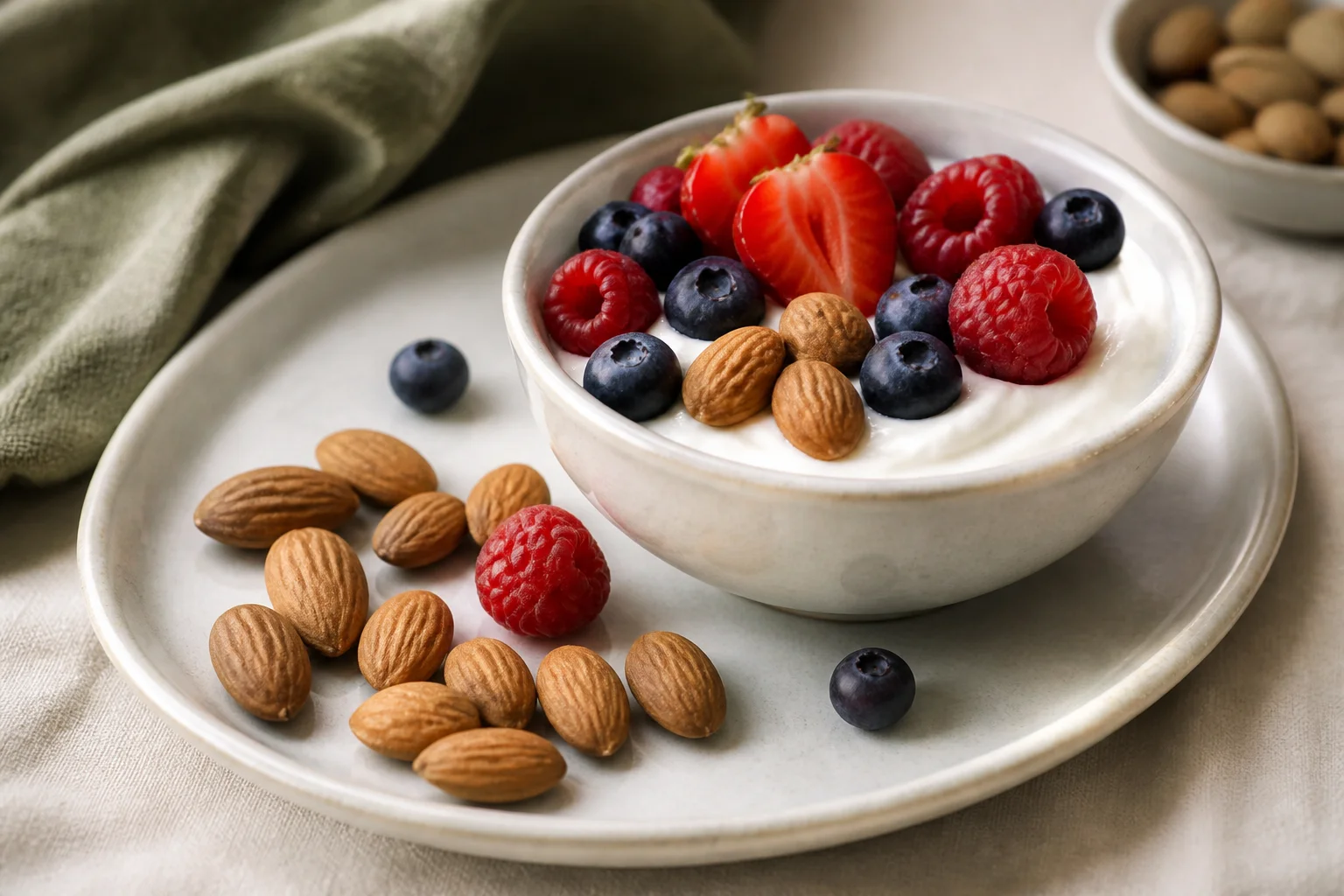 Almonds, berries and yoghurt in a bowl