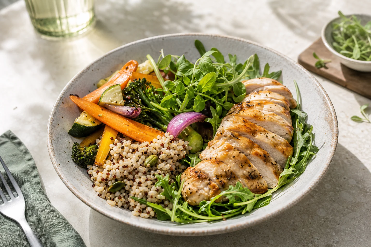 Colourful meal with emphasis on protein