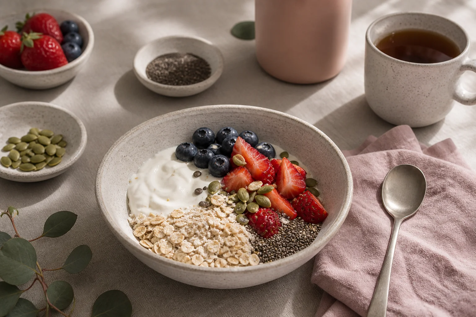 Breakfast with oats, fruit and seeds