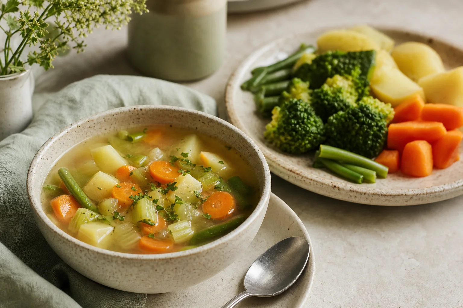 Gentle soup and vegetable plate