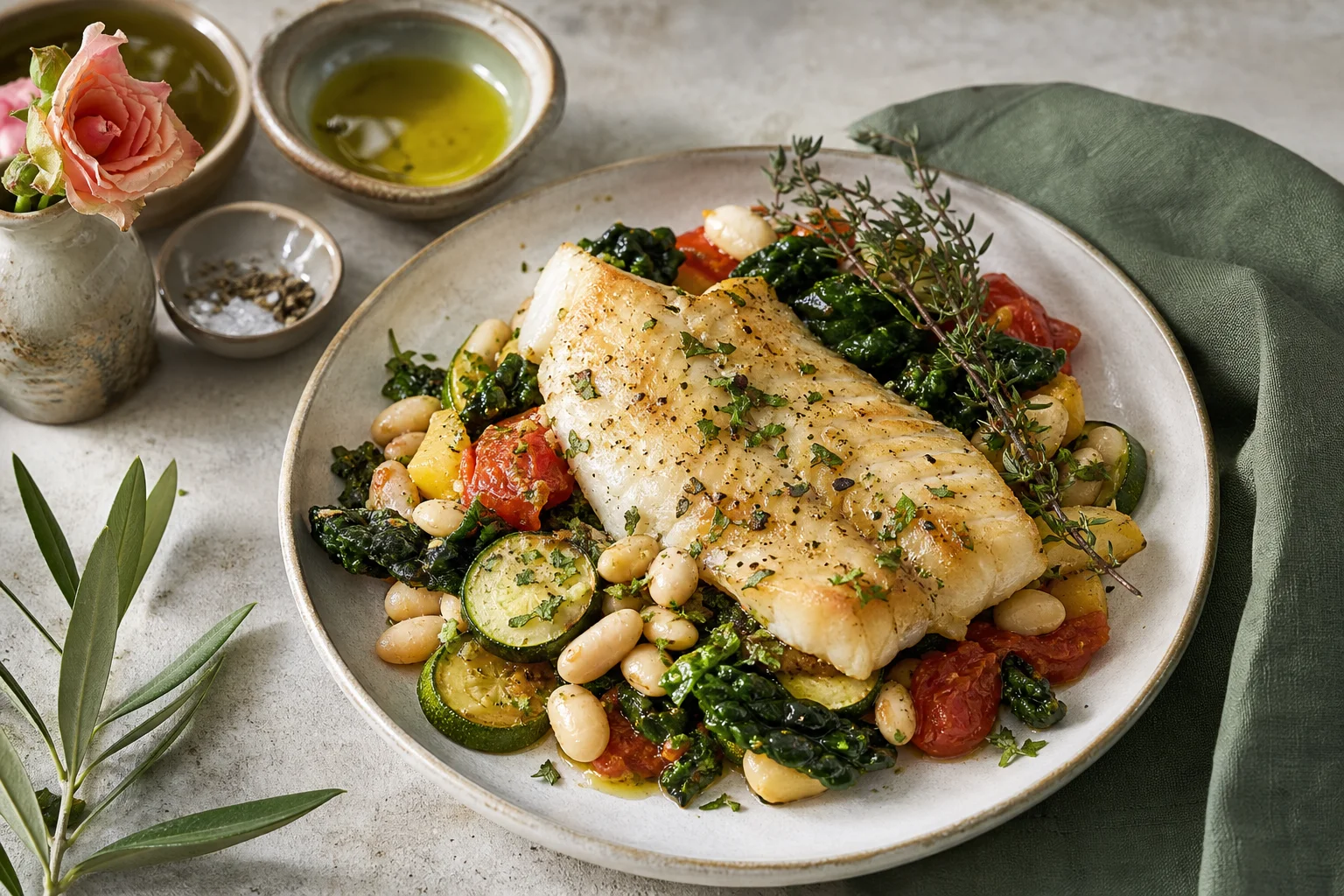 British Harvest plate with fish, vegetables and herbs